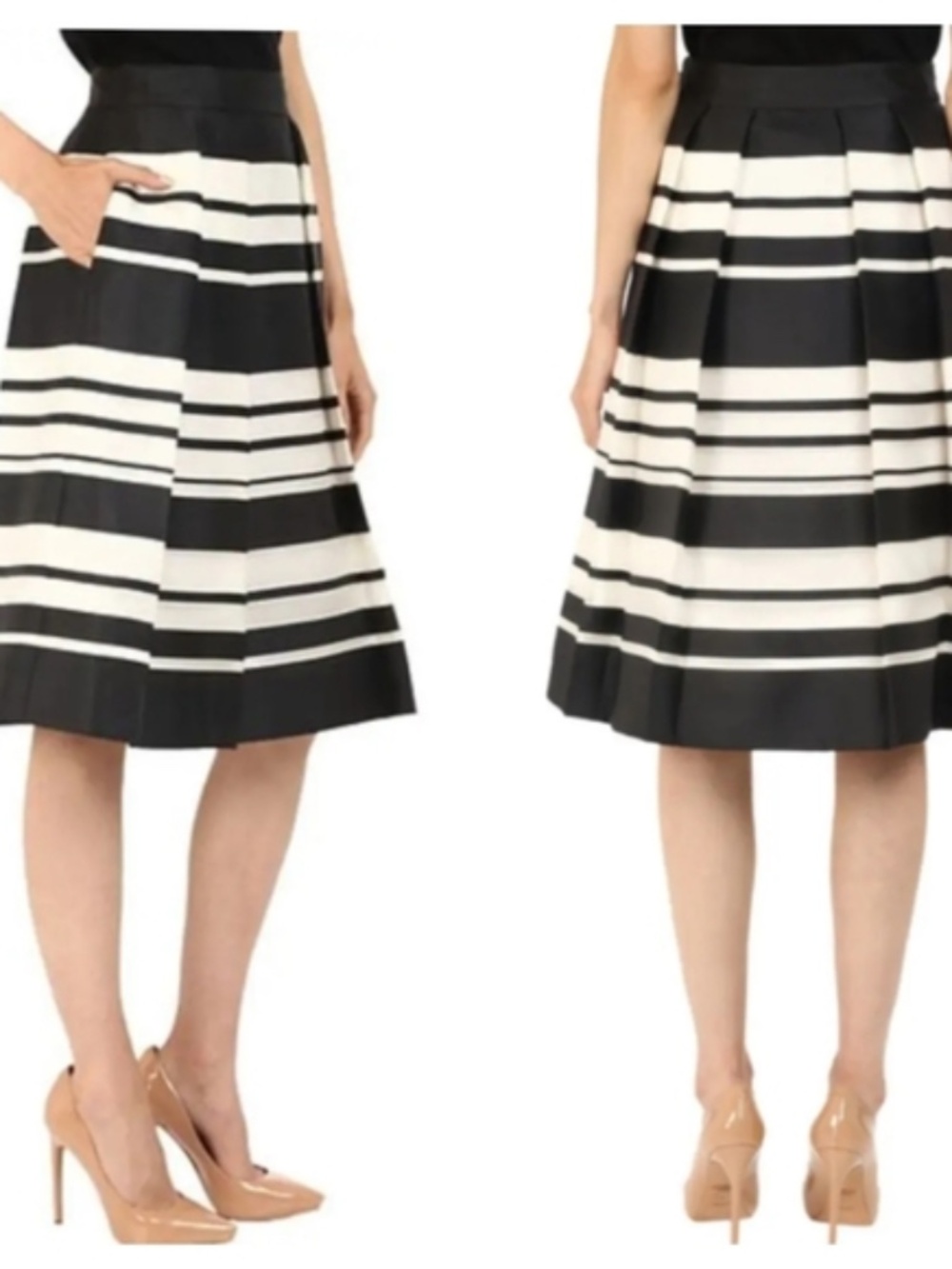 kate spade Black and White "Cape" Striped A-Line Midi Skirt - Picture 2 of 8
